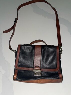 Fossil Two-Tone Black and Brown Leather Crossbody Satchel